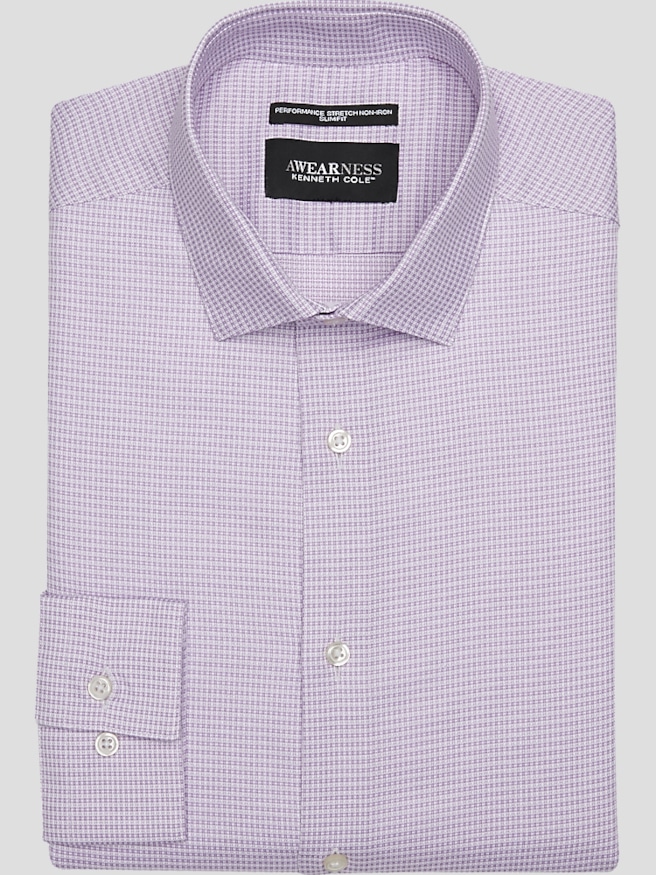Awearness Kenneth Cole Men's Slim Fit Ultra Performance Stretch Dobby Mini Check Dress Shirt , Lilac Check / Purple