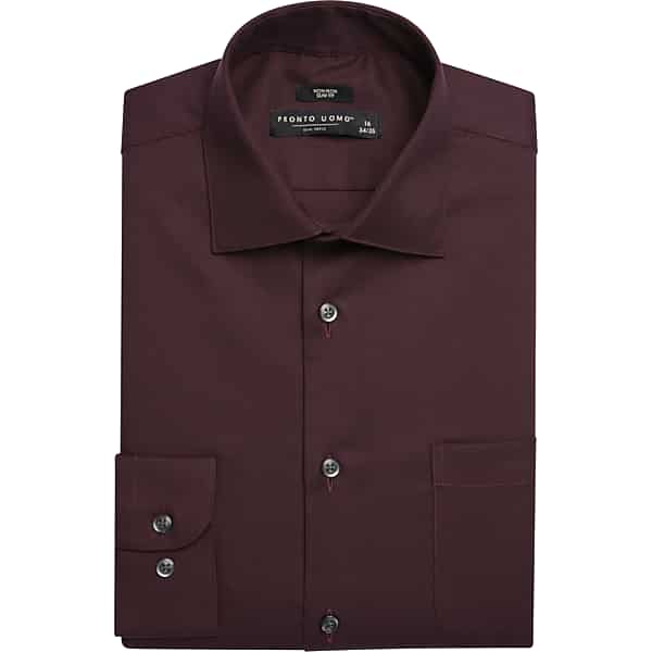 Pronto Uomo Men's Slim Fit Solid Sharkskin Dress Shirt Burgundy Solid - Size: 17 36/37 - Only Available at Men's Wearhouse TMW5GDE70711