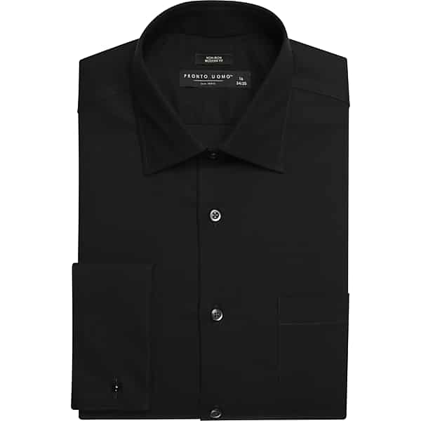 Pronto Uomo Big & Tall Men's Modern Fit French Cuff Dress Shirt Black Solid - Size: 18 1/2 34/35 - Only Available at Men's Wearhouse