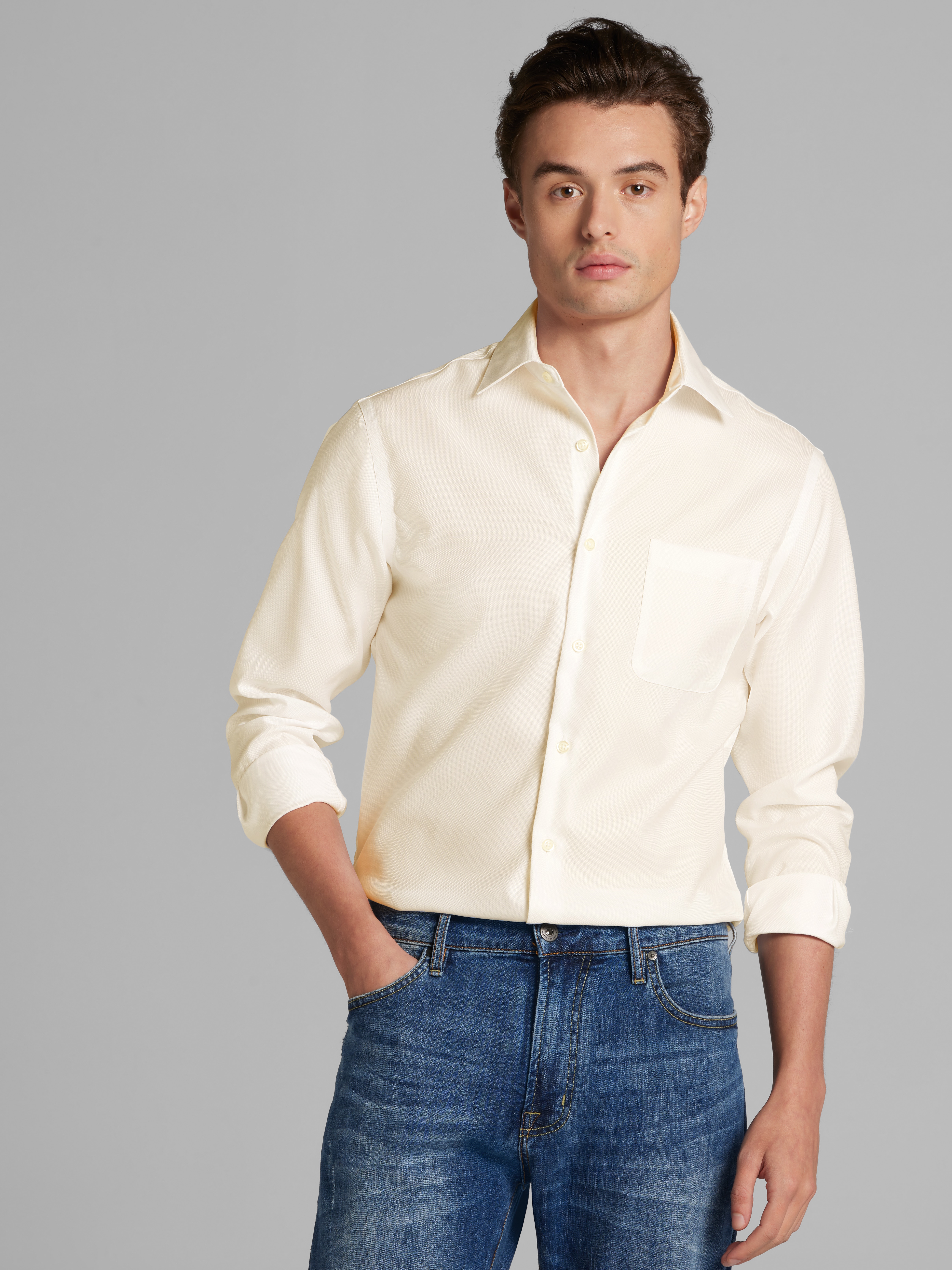 ivory dress shirt Solid Ivory Slim Fit Men's Shirt S / Ivory main image 1