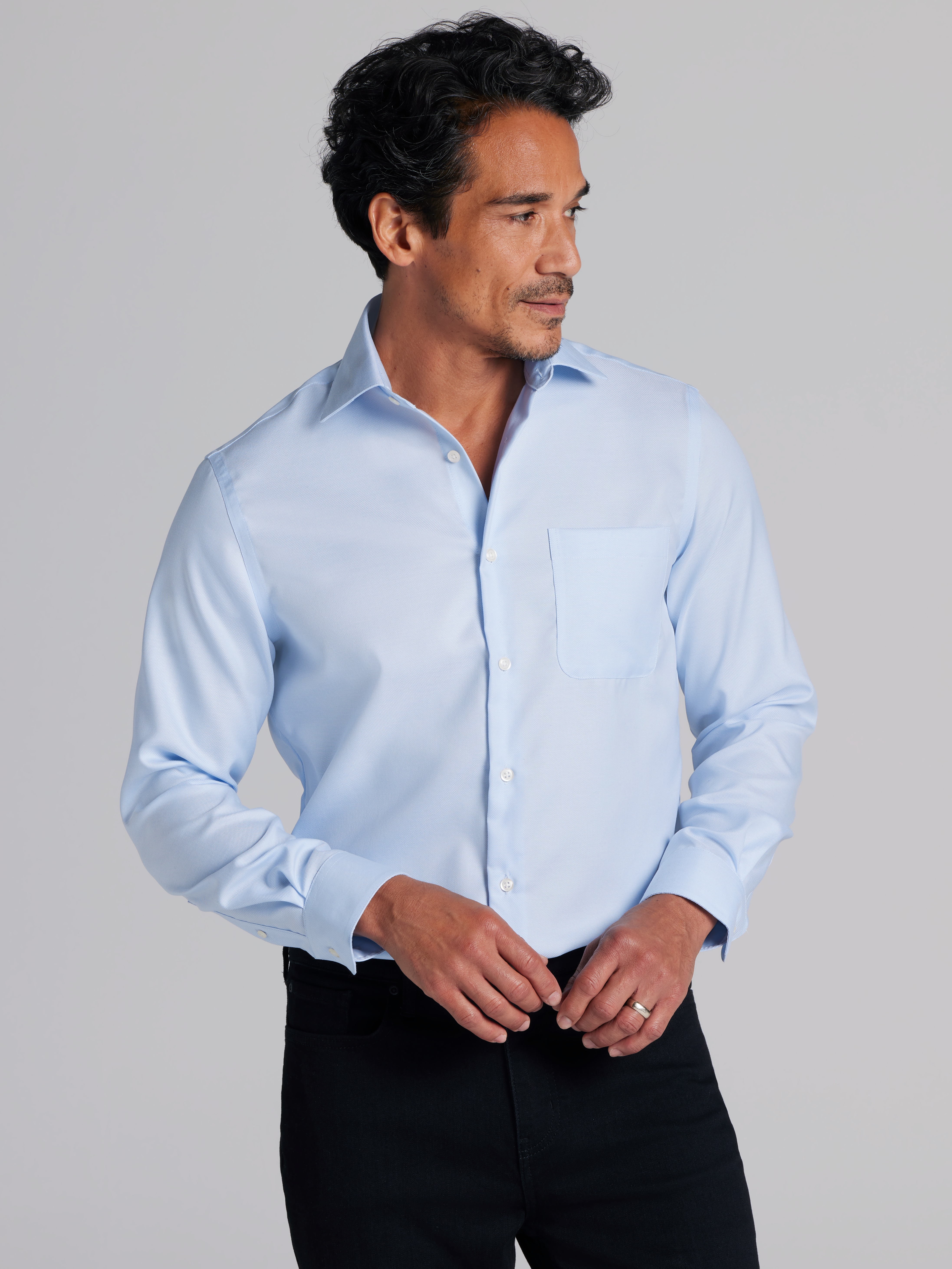 white christmas dresses Mens Cotton Blue Striped Slim Fit Spread Collar Wrinkle Free Dress Shirt main image 0