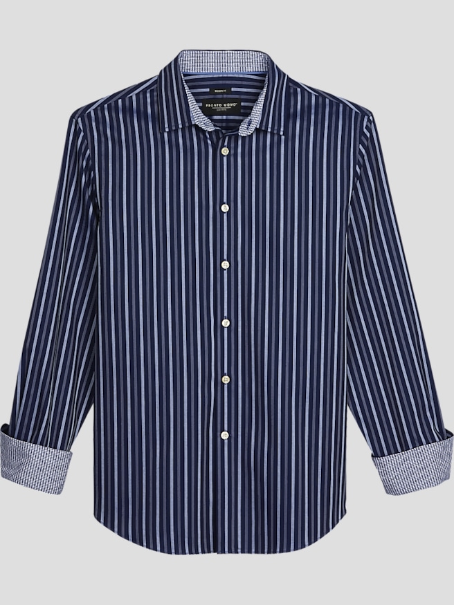 Pronto Uomo Men's Modern Fit Sateen Stripe Button Up Shirt , Dark Blue