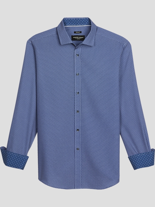 Pronto Uomo Men's Modern Fit Mini Print Button Up Shirt , Dark Blue