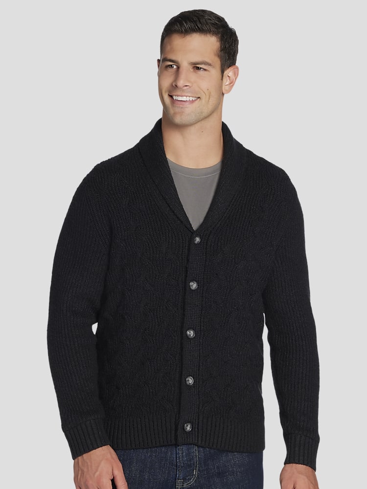 Shawl collar cable knit sweater sale