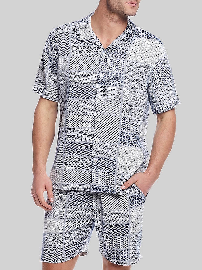 Weatherproof Vintage Big & Tall Men's Classic Fit Short Sleeve Jacquard Camp Shirt , Cream And Navy / Blue