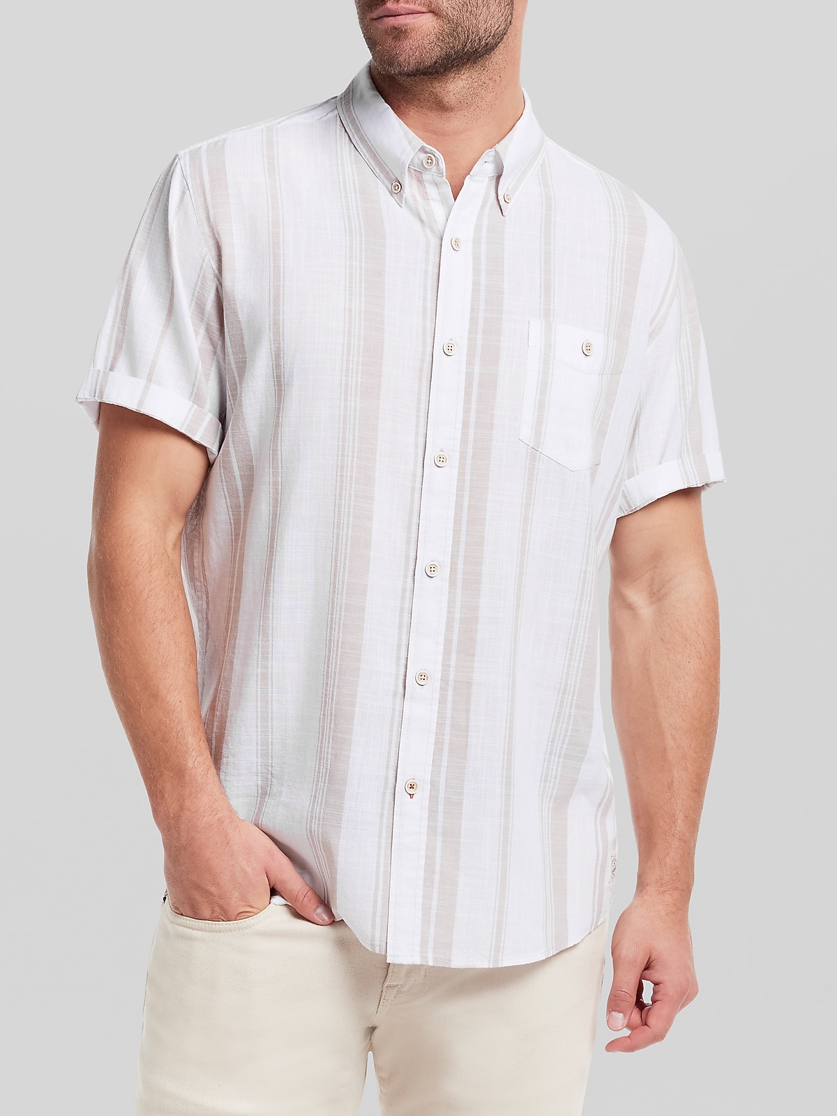 Short Sleeve Faux Linen Cotton Shirt in Natural Stripe - SMALL / Natural Stripe
