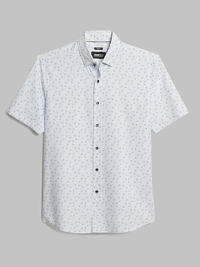 Awearness Kenneth Cole Men's Slim Fit 4-Way Stretch Mini Floral Short Sleeve Button Up Shirt , White