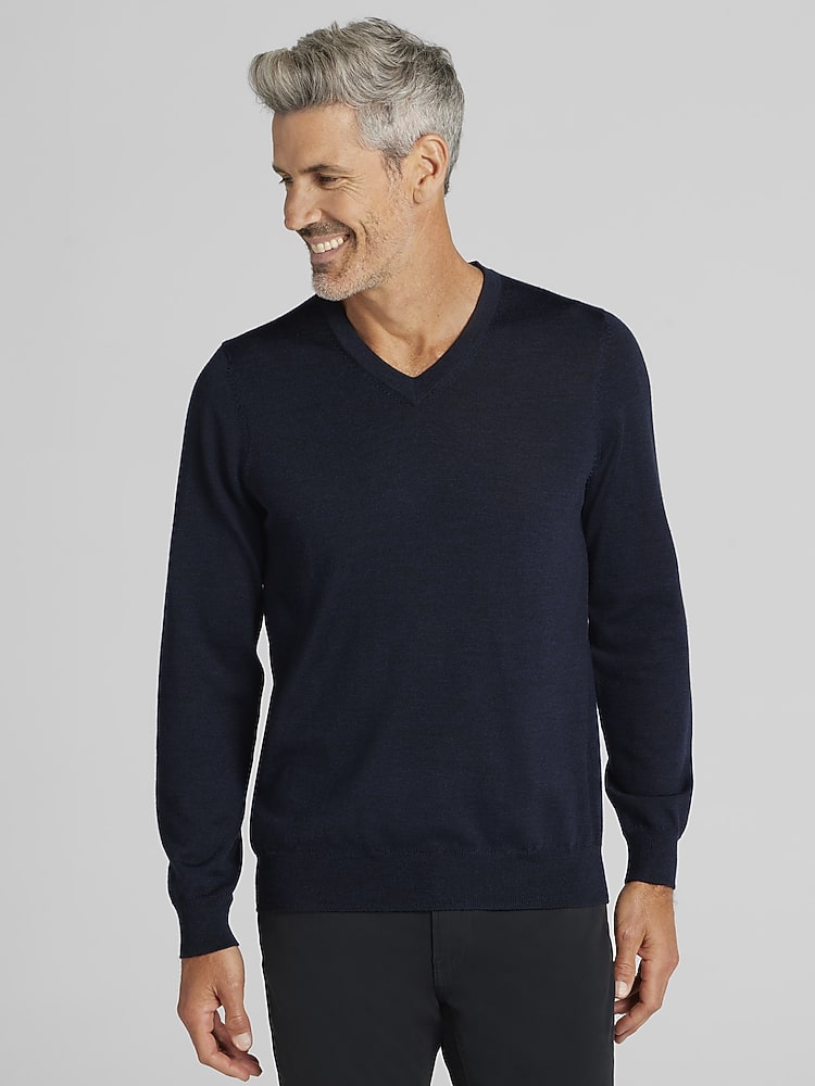 Joseph Abboud Merino Wool V-Neck Sweater, Navy - Blue | Sweaters