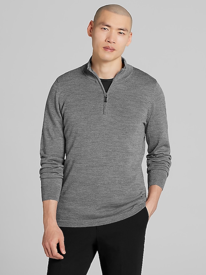 Joseph Abboud Big & Tall Men's Merino Wool Quarter Zip Sweater , Grey / Gray