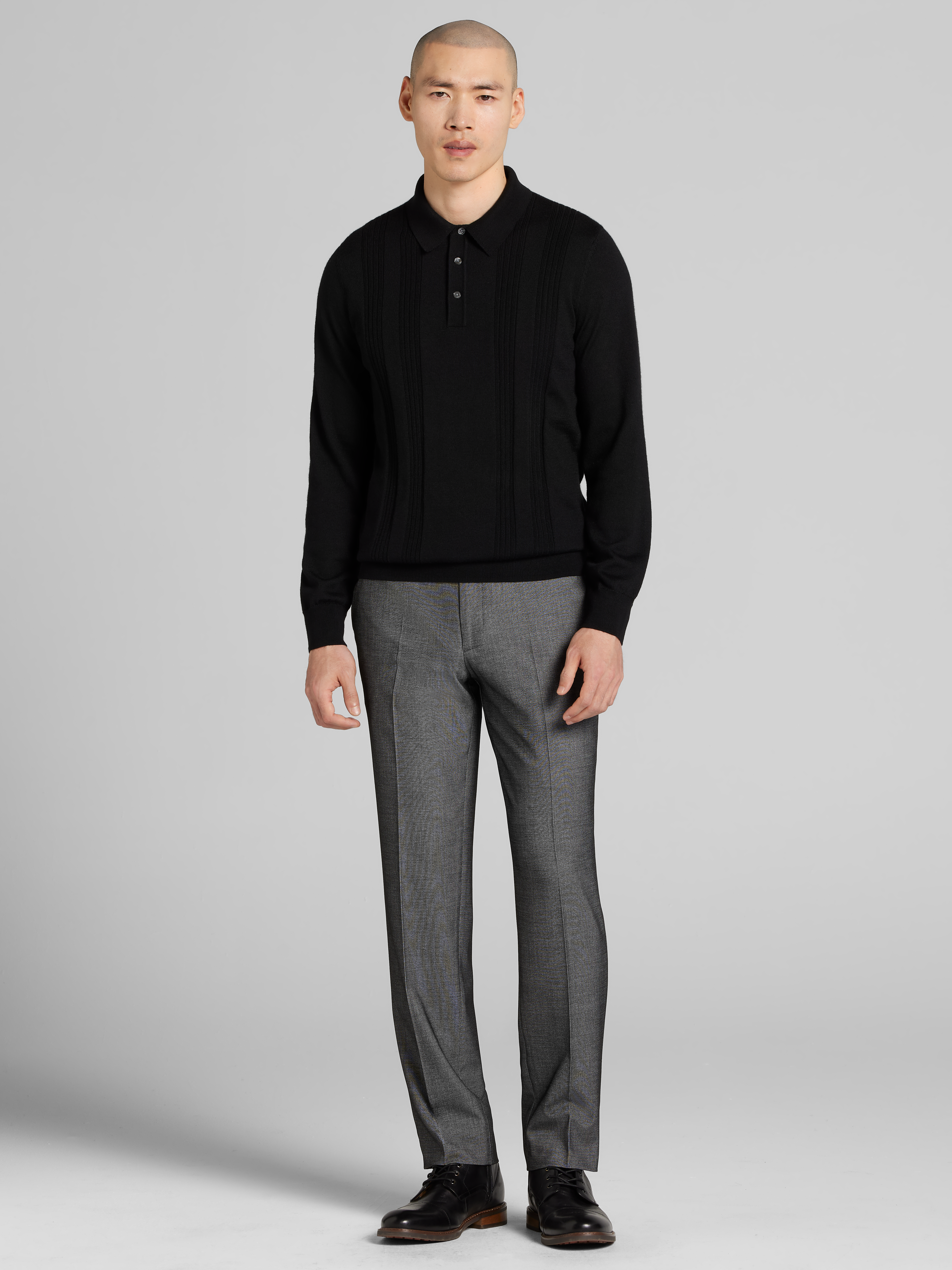 Merino Wool Stitch Panel Polo Sweater