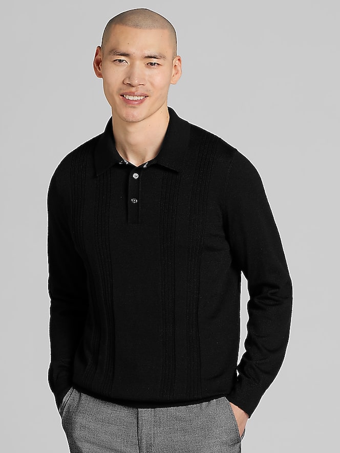 Joseph Abboud Merino Wool Stitch Panel Polo Sweater