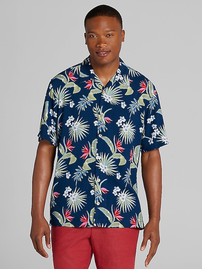 Pronto Uomo Big & Tall Men's Modern Fit Camp Shirt , Navy / Blue