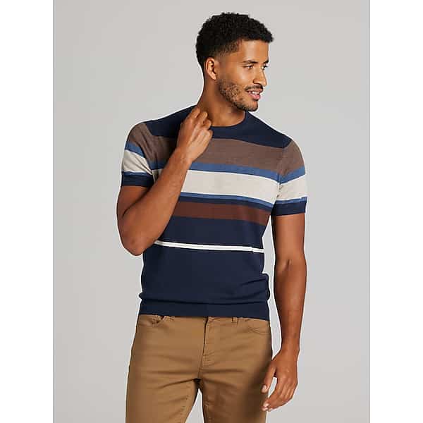 Joseph Abboud Men's Modern Fit Multistripe Short Sleeve Sweater Navy - Size: Small TMW6B8M10001