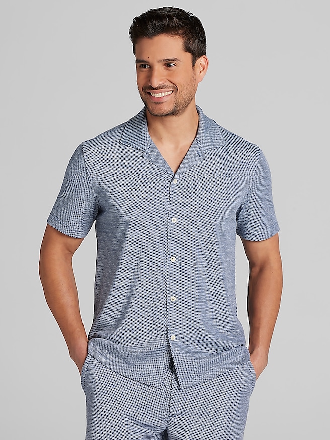 Joseph Abboud Men's Modern Fit Pique Knit Camp Shirt , Navy / Blue