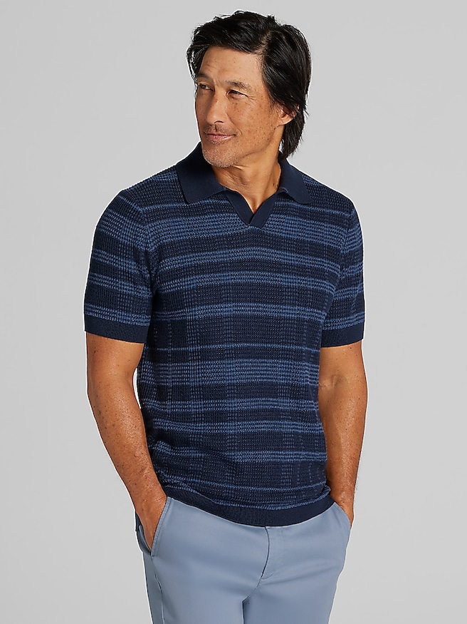 Joseph Abboud Men's Textured Plaid Stripe Johnny Polo Sweater , Navy / Blue