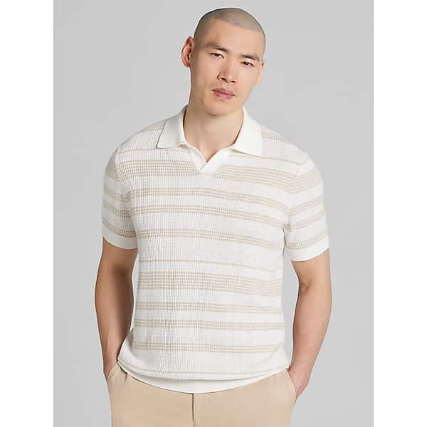 Joseph Abboud Men's Textured Plaid Stripe Johnny Polo Sweater Natural - Size: XL