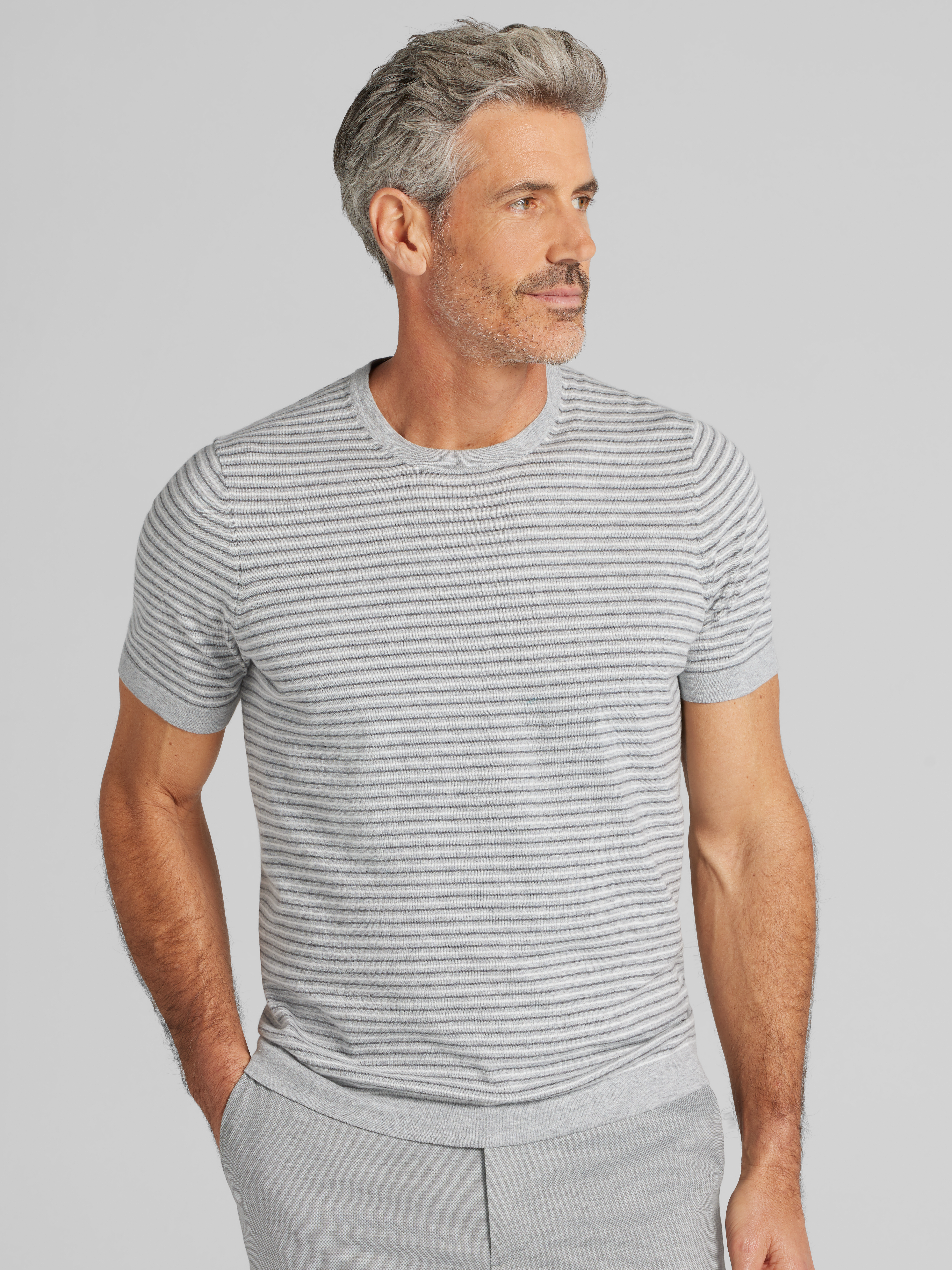 Modern Fit Heathered Stripe Crew Neck Sweater