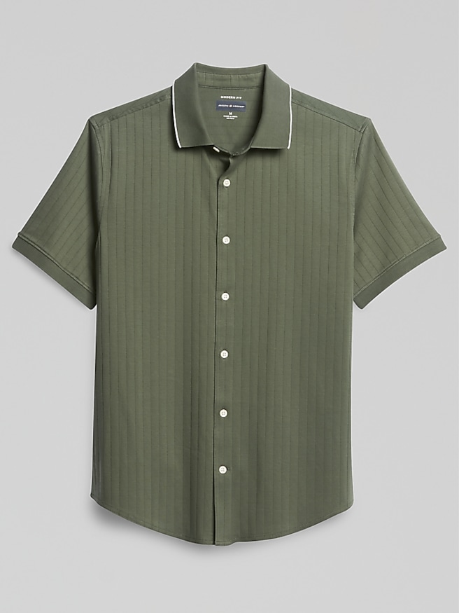 Joseph Abboud Men's Modern Fit Breathable Short Sleeve Button Up Shirt , Thyme Olive / Green