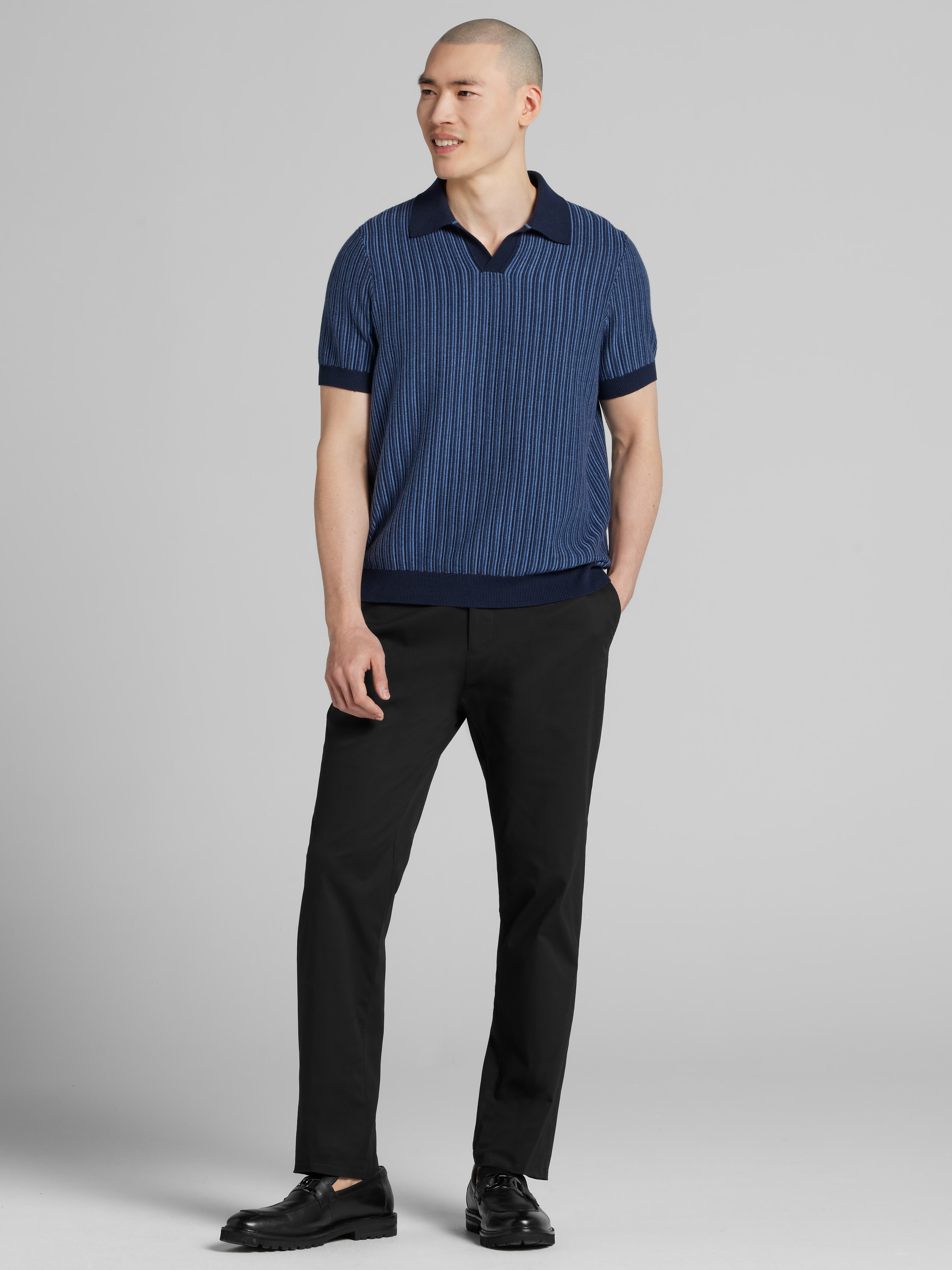 Vertical Stripe Johnny Collar Short Sleeve Polo Sweater