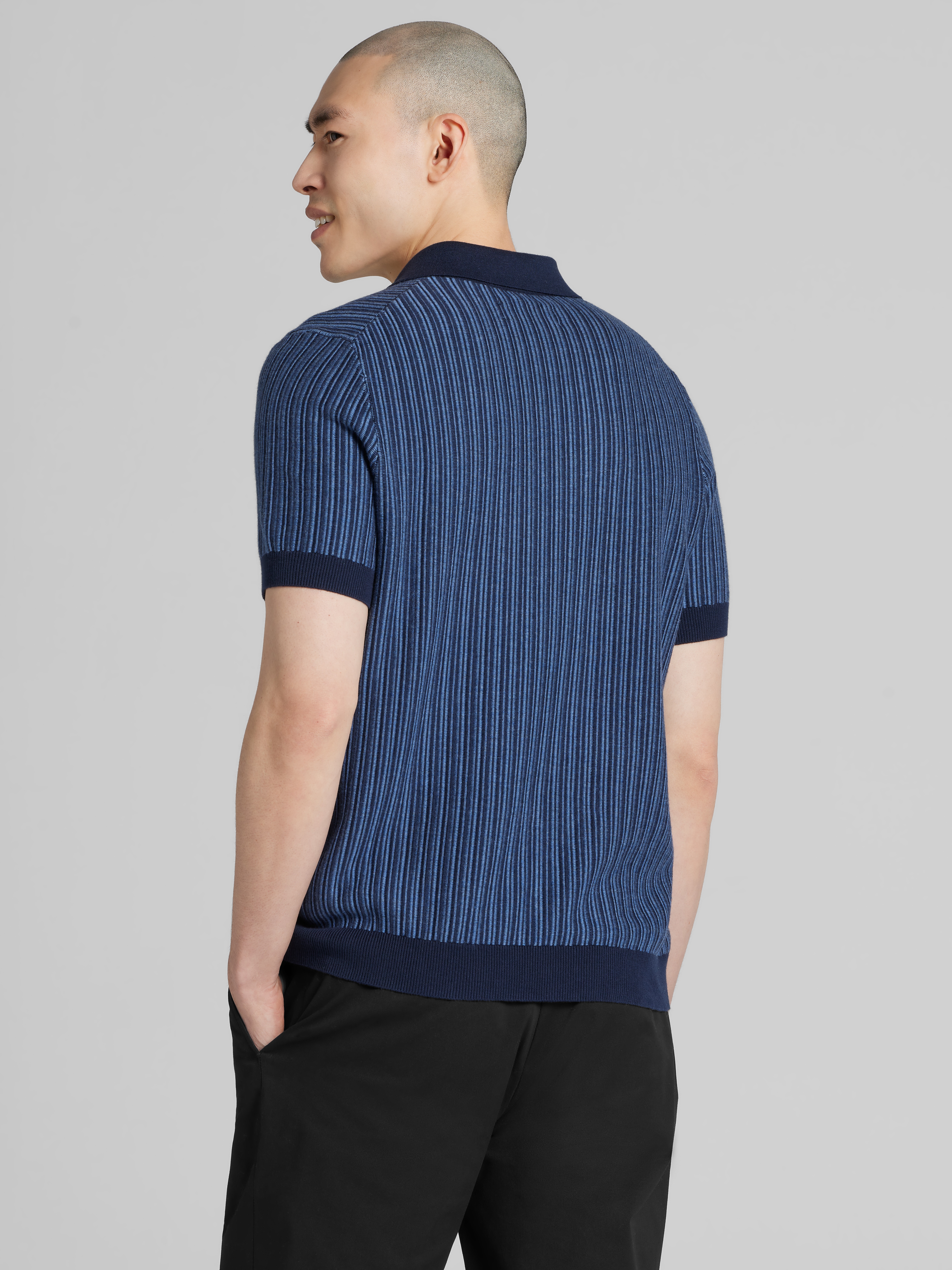 Vertical Stripe Johnny Collar Short Sleeve Polo Sweater
