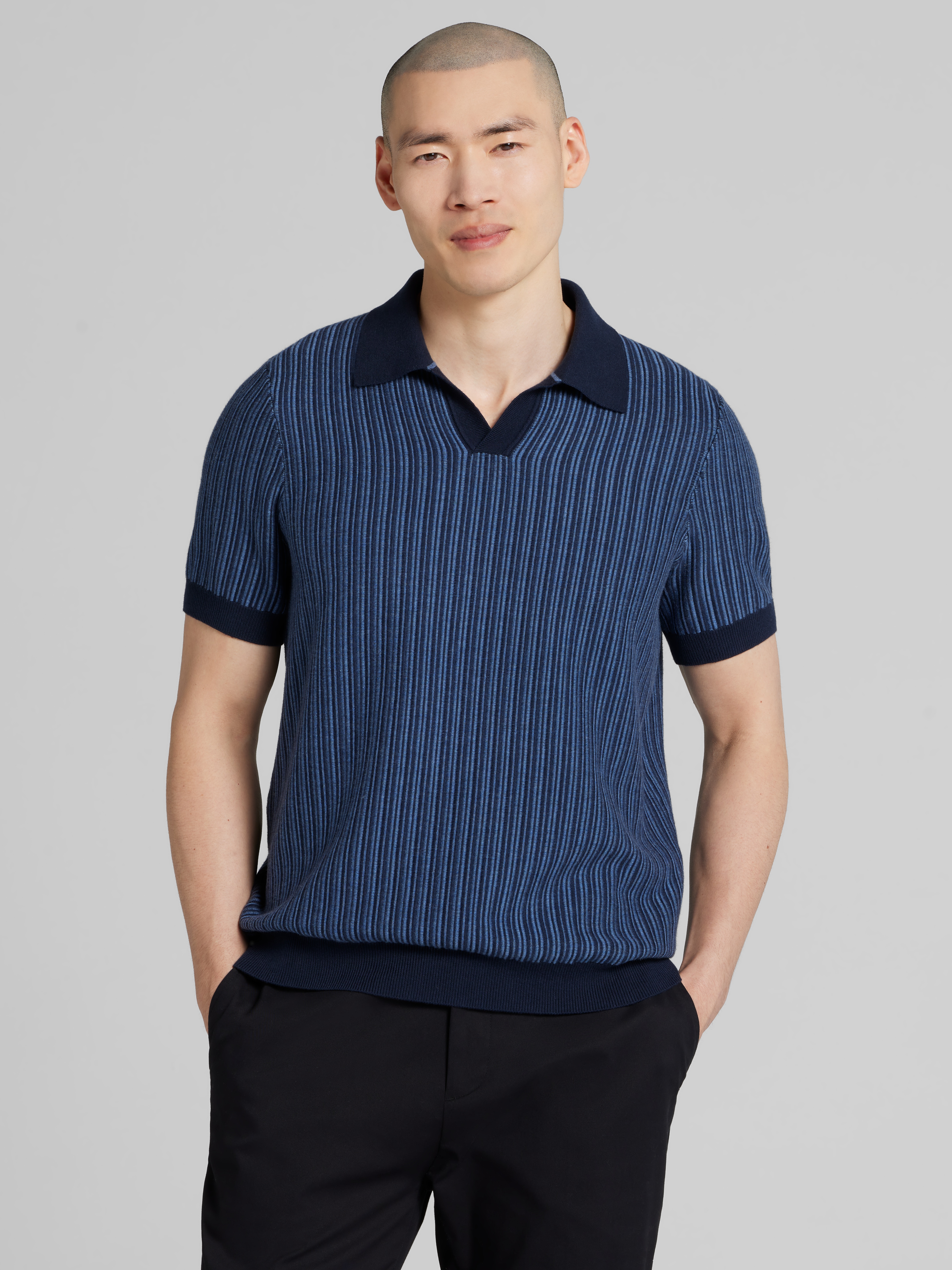 Vertical Stripe Johnny Collar Short Sleeve Polo Sweater