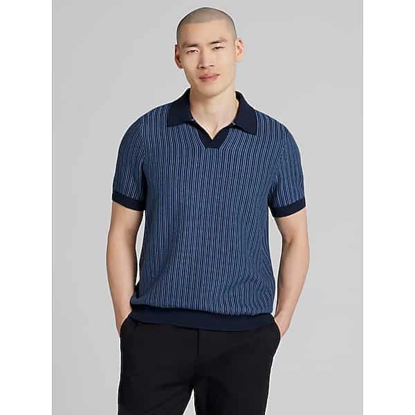 Joseph Abboud Men's Vertical Stripe Johnny Collar Short Sleeve Polo Sweater Navy - Size: 3XLT TMW6BBF50901