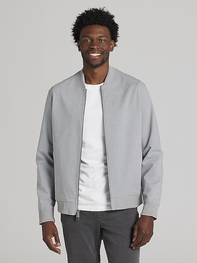 Awearness Kenneth Cole Big & Tall Men's Modern Fit Mini Check Bomber Jacket , Light Grey / Gray