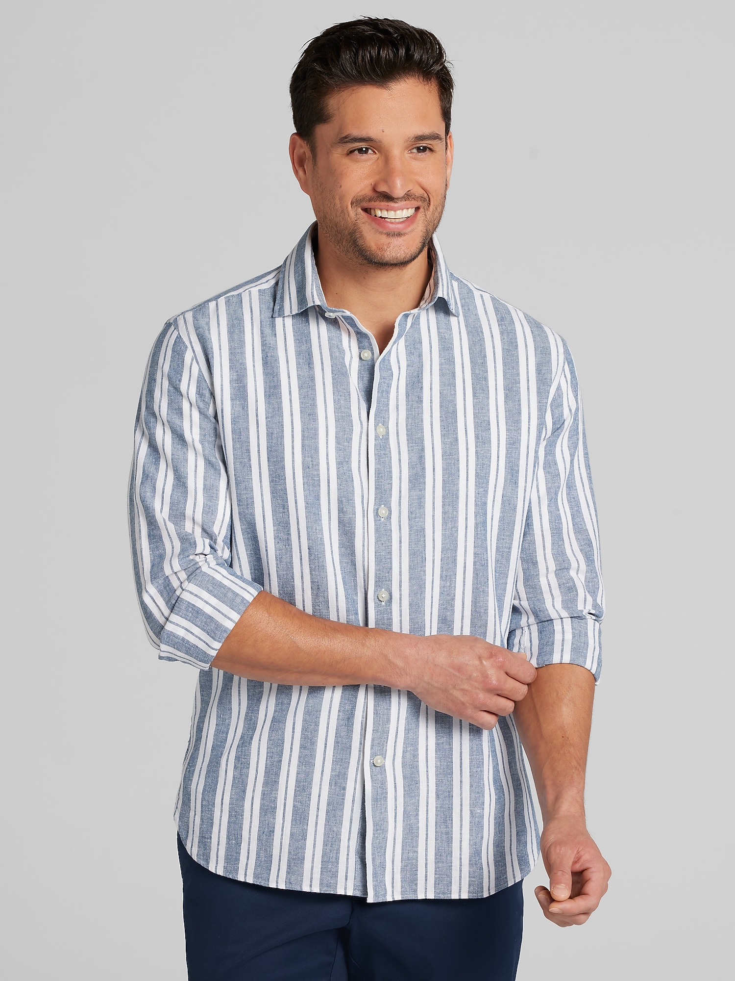 Joseph Modern Fit Linen Blend Button Up Shirt (Navy/White)
