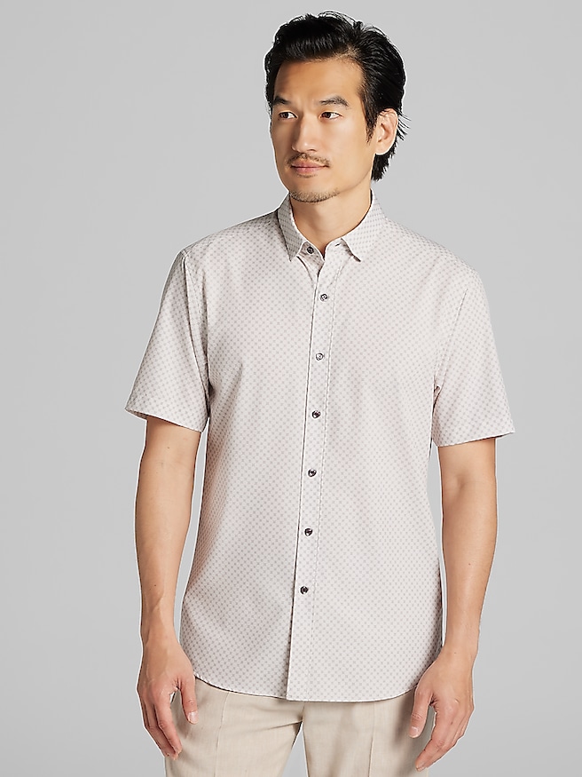 Awearness Kenneth Cole Big & Tall Men's Slim Fit 4-Way Stretch Short Sleeve Button Up Shirt , Taupe / Brown
