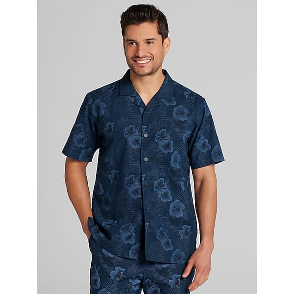 Joseph Abboud Men's Modern Fit Hibiscus Linen Blend Camp Shirt Navy - Size: Medium TMW6BHV20001