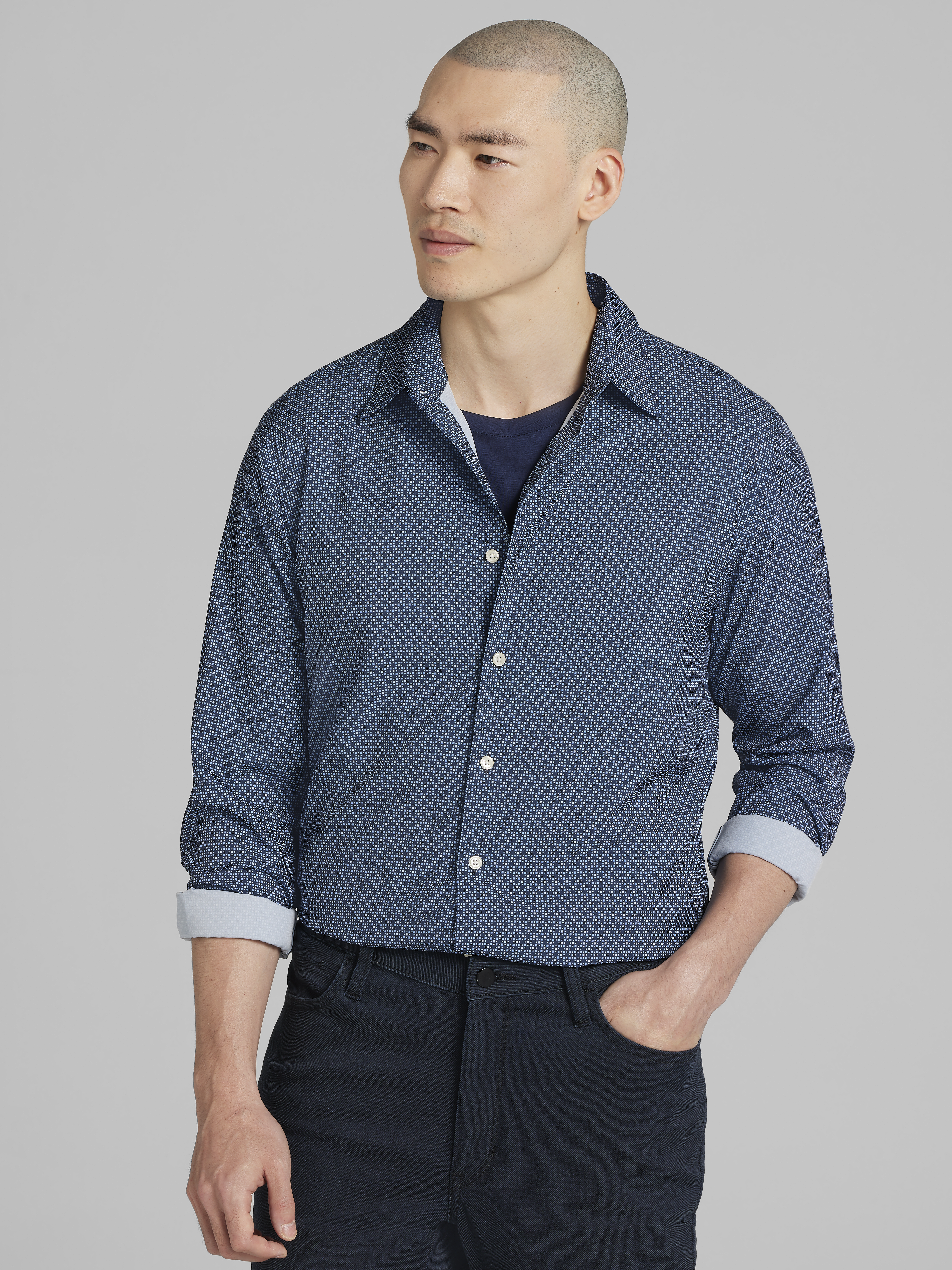Slim Fit Geo Print 4-Way Stretch Button Up Shirt