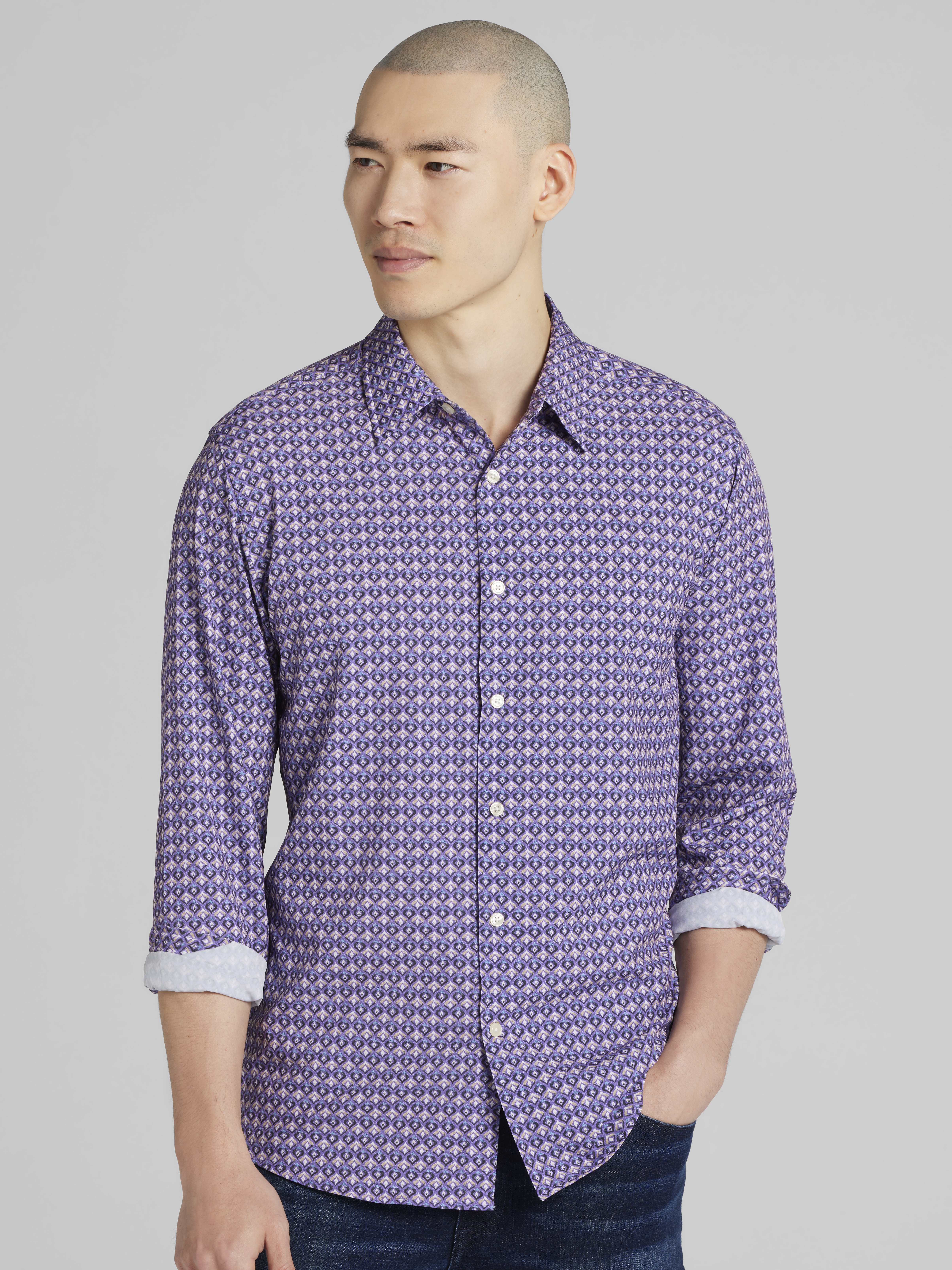 Slim Fit Mini Droplet Diamonds 4-Way Stretch Button Up Shirt