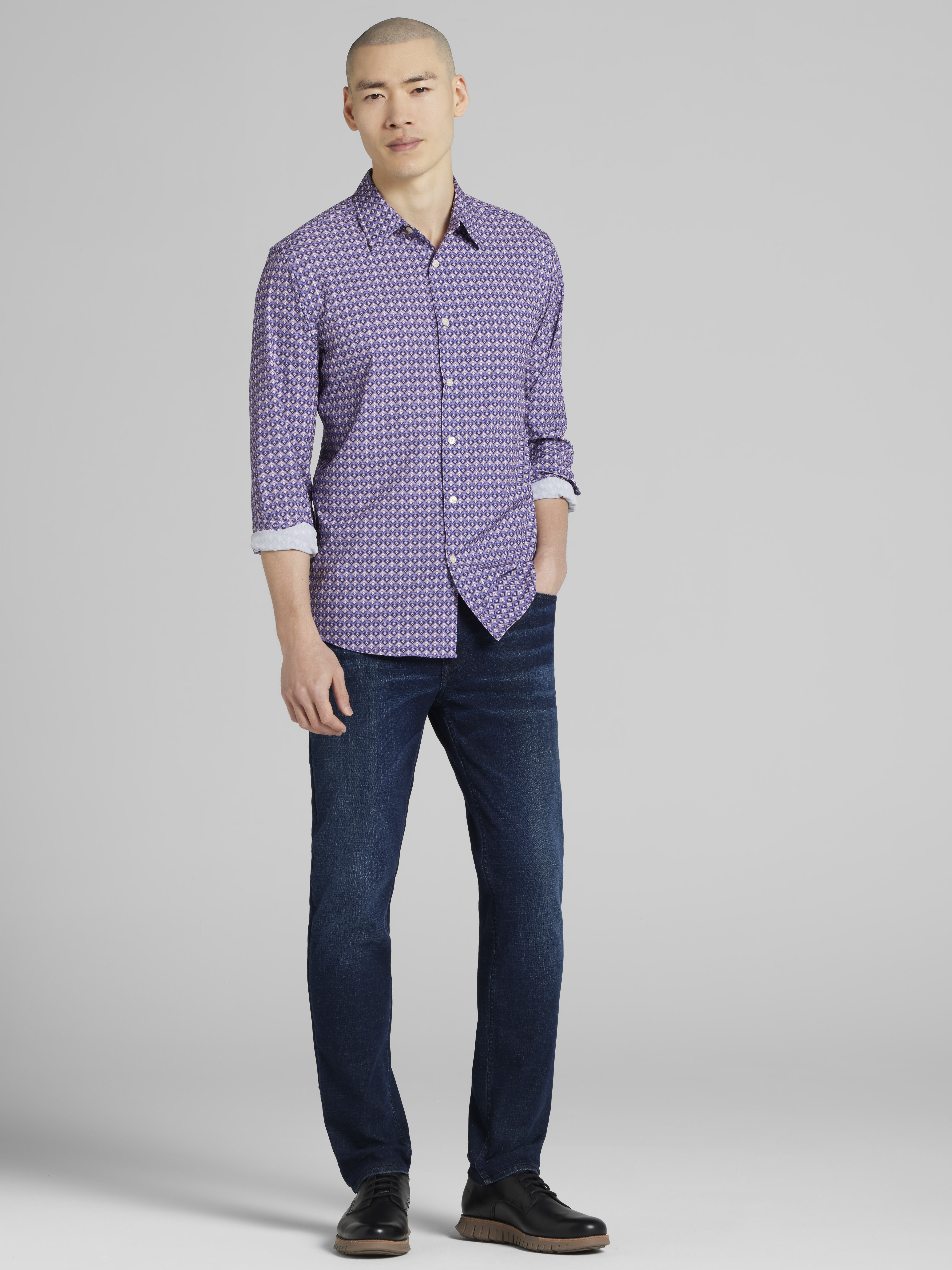 Slim Fit Mini Droplet Diamonds 4-Way Stretch Button Up Shirt
