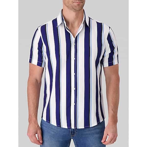 Report Collection Men's Modern Fit 4-Way Stretch Button Up Shirt Navy And Blue - Size: Medium TMW6BTR20031