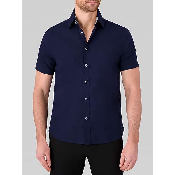 Report Collection Men's Modern Fit Linen Blend Button Up Shirt Navy - Size: Large TMW6BV430001