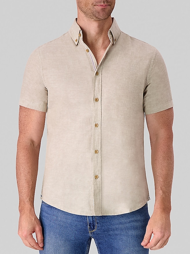 Report Collection Men's Modern Fit Linen Blend Button Up Shirt , Natural / Tan