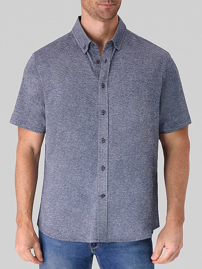 Report Collection Men's Modern Fit Pique Melange Knit Button Up Shirt , Navy / Blue