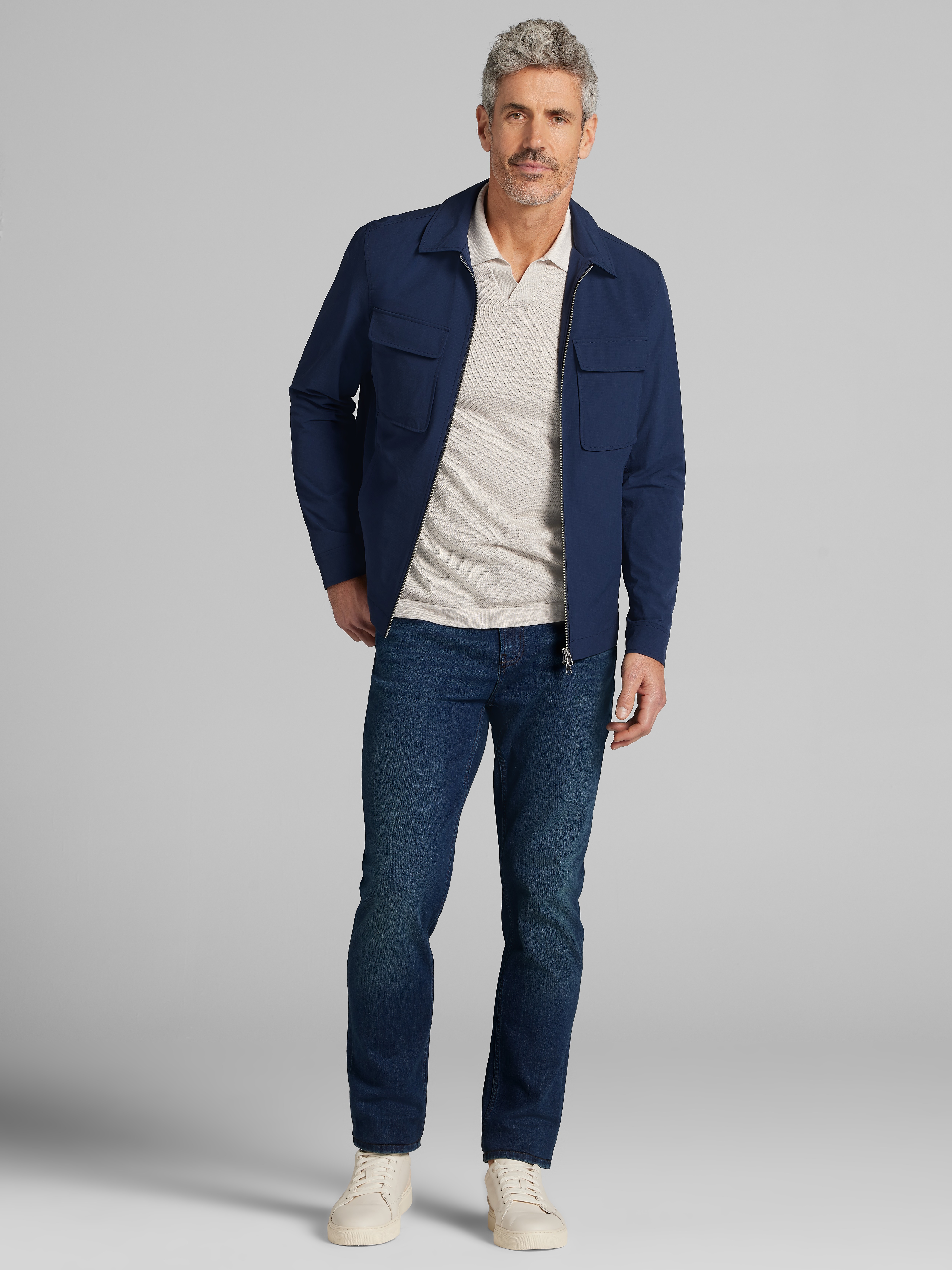Modern Fit Textured Pocket Zip Front Jacket