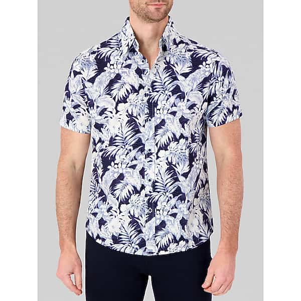 Report Collection Men's Modern Fit Linen Blend Button Up Shirt Navy And Blue - Size: XXL TMW6BVF50031
