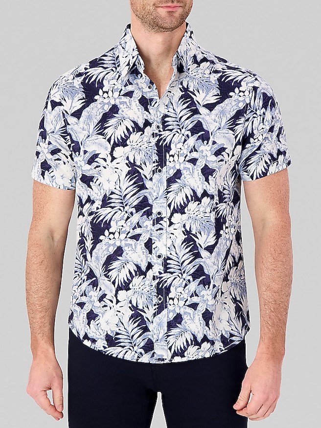 Report Collection Men's Modern Fit Linen Blend Button Up Shirt , Navy And Blue