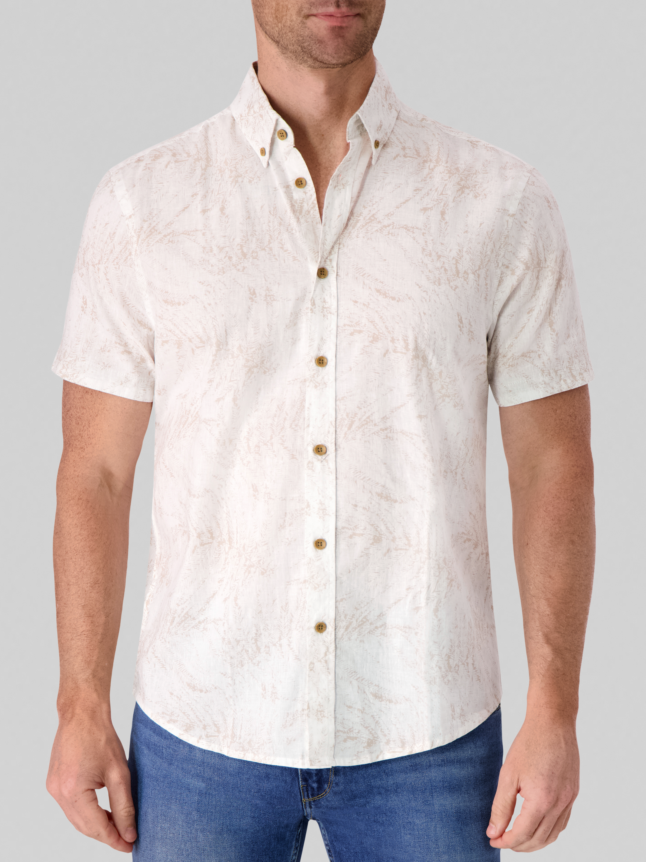 Modern Fit Linen Blend Palm Print Button Up Shirt