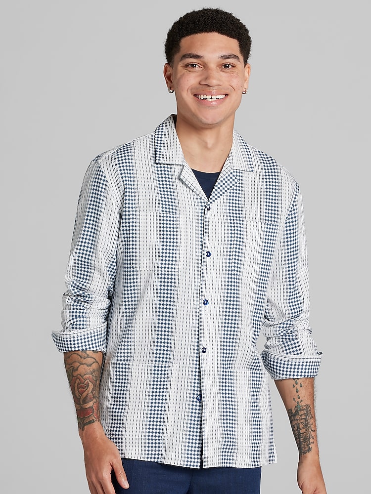 Paisley Gray Slim Fit Linen Blend Button Up Shirt Button Up