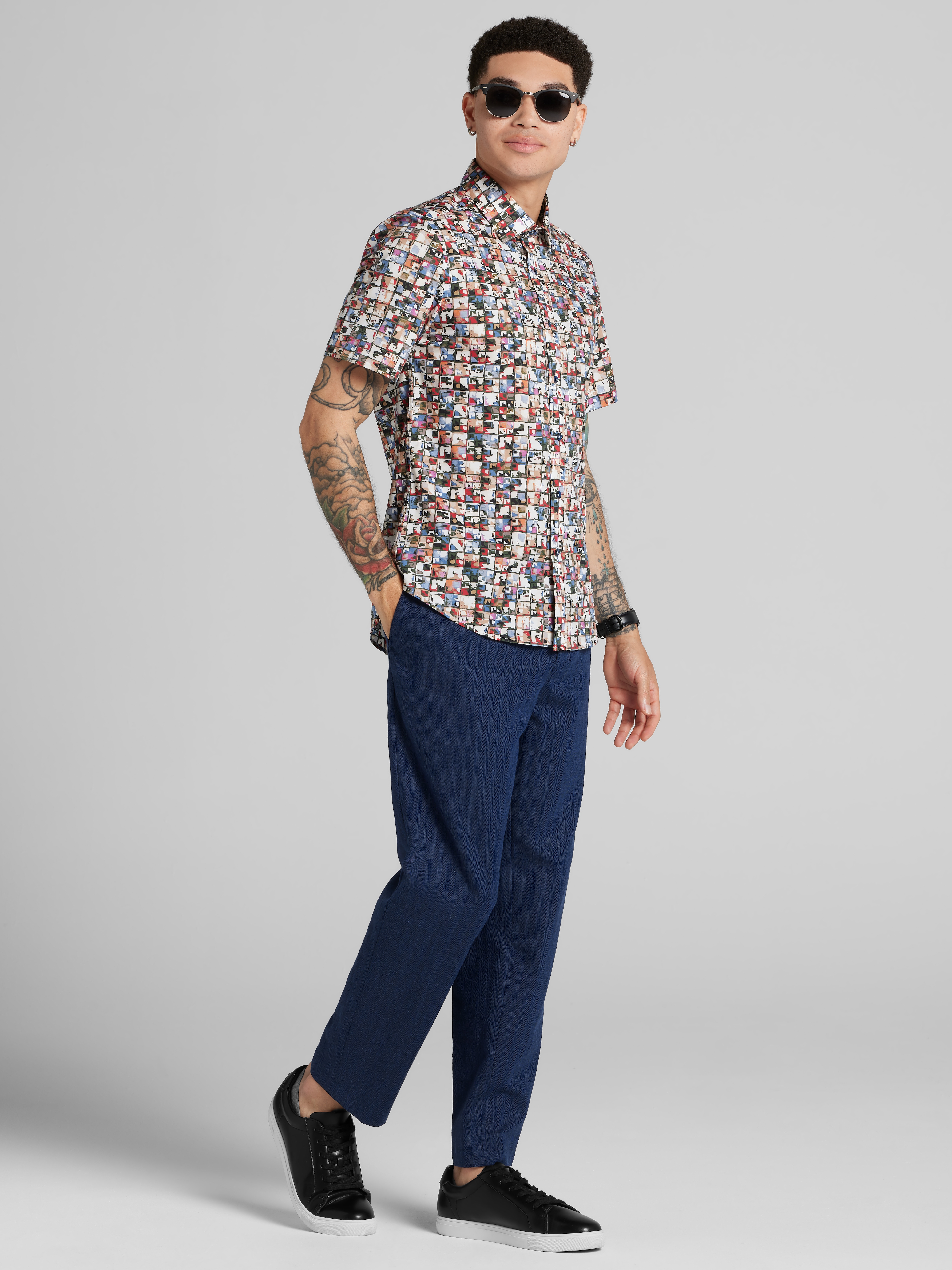 Slim Fit Square Short Sleeve Button Up Shirt