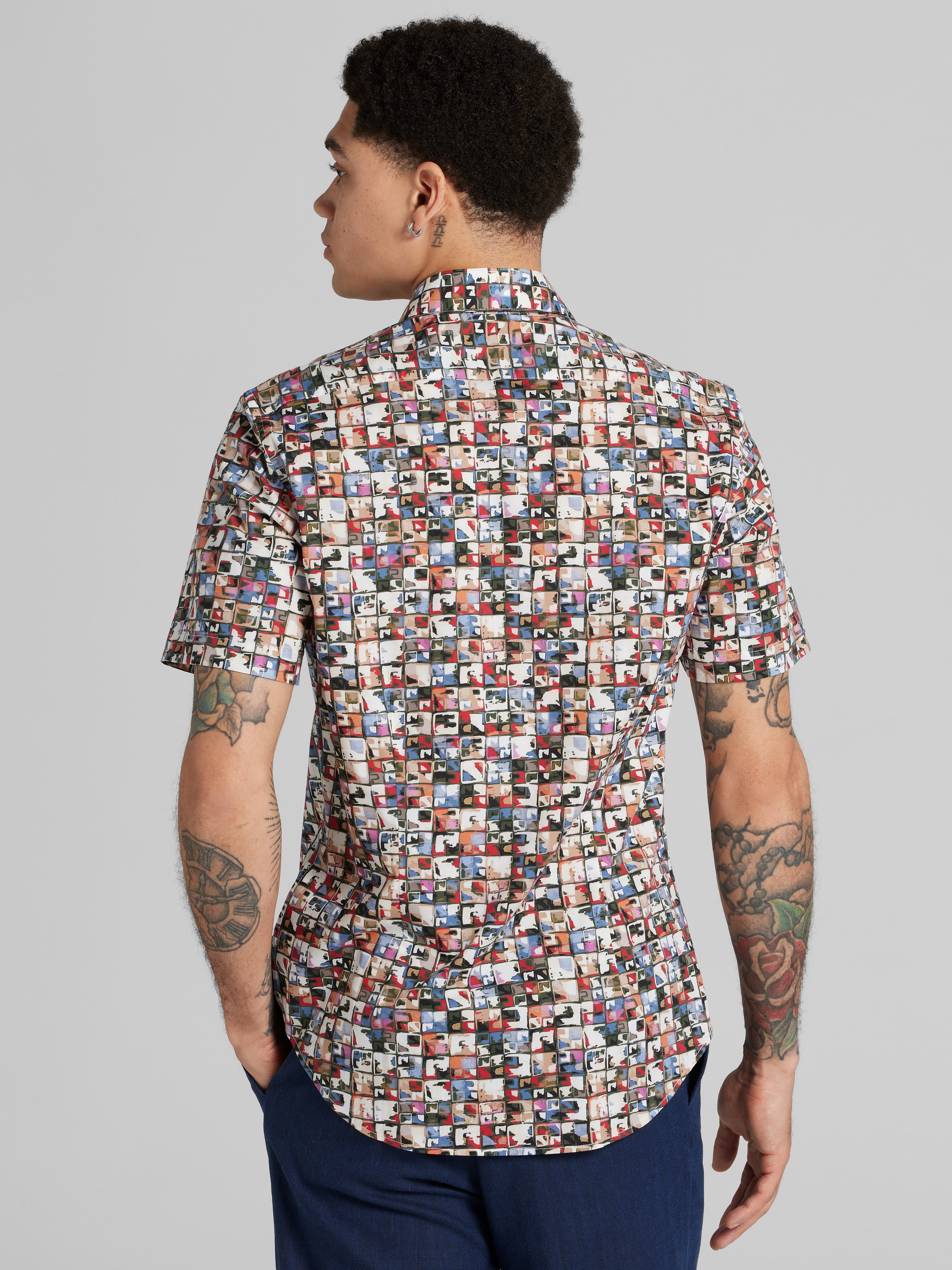 Slim Fit Square Short Sleeve Button Up Shirt