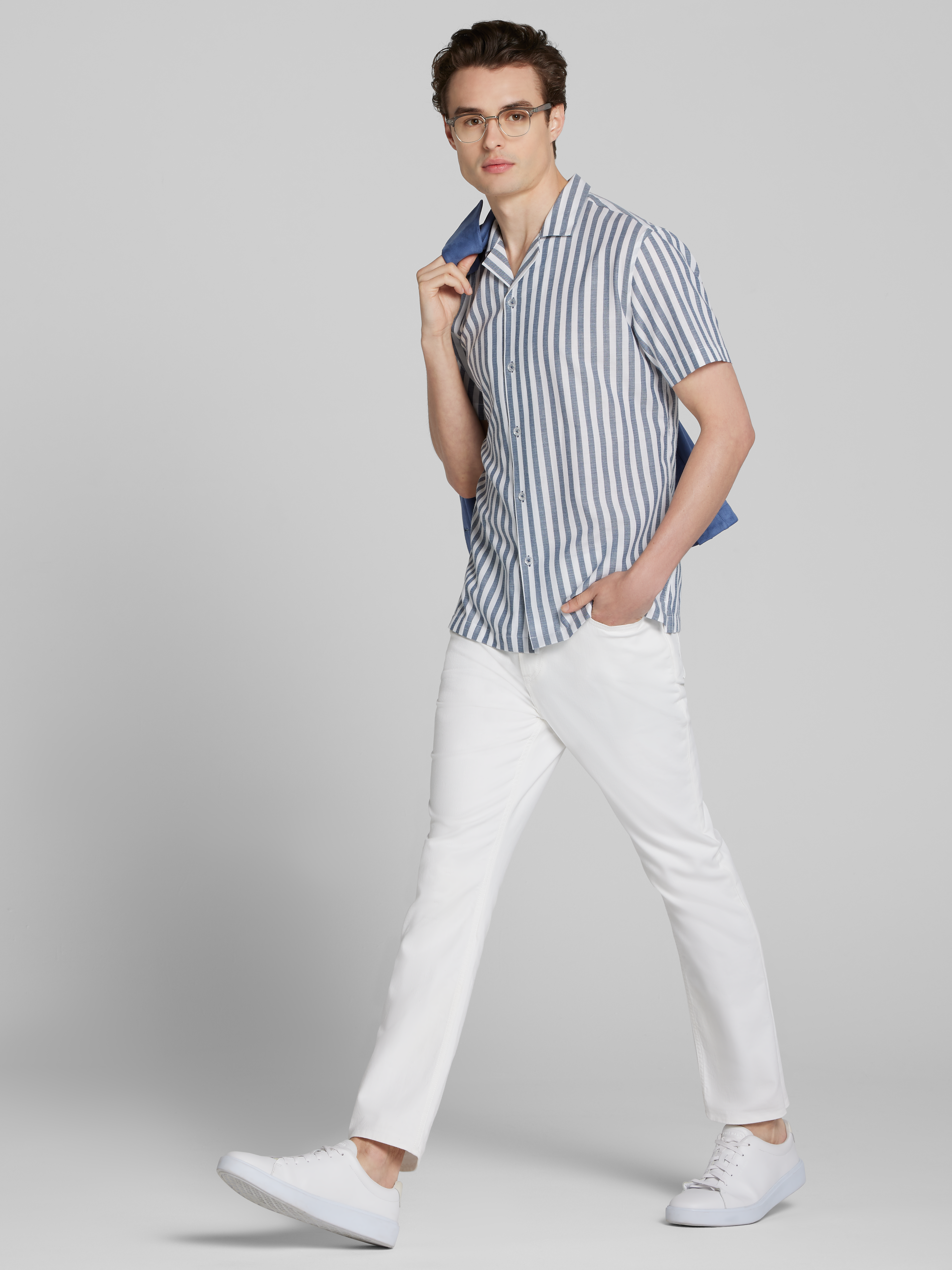 Slim Fit Herringbone Stripe Short Sleeve Camp Shirt