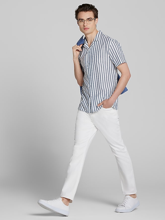 Paisley &Amp; Gray Slim Fit Herringbone Stripe Short Sleeve Camp Shirt