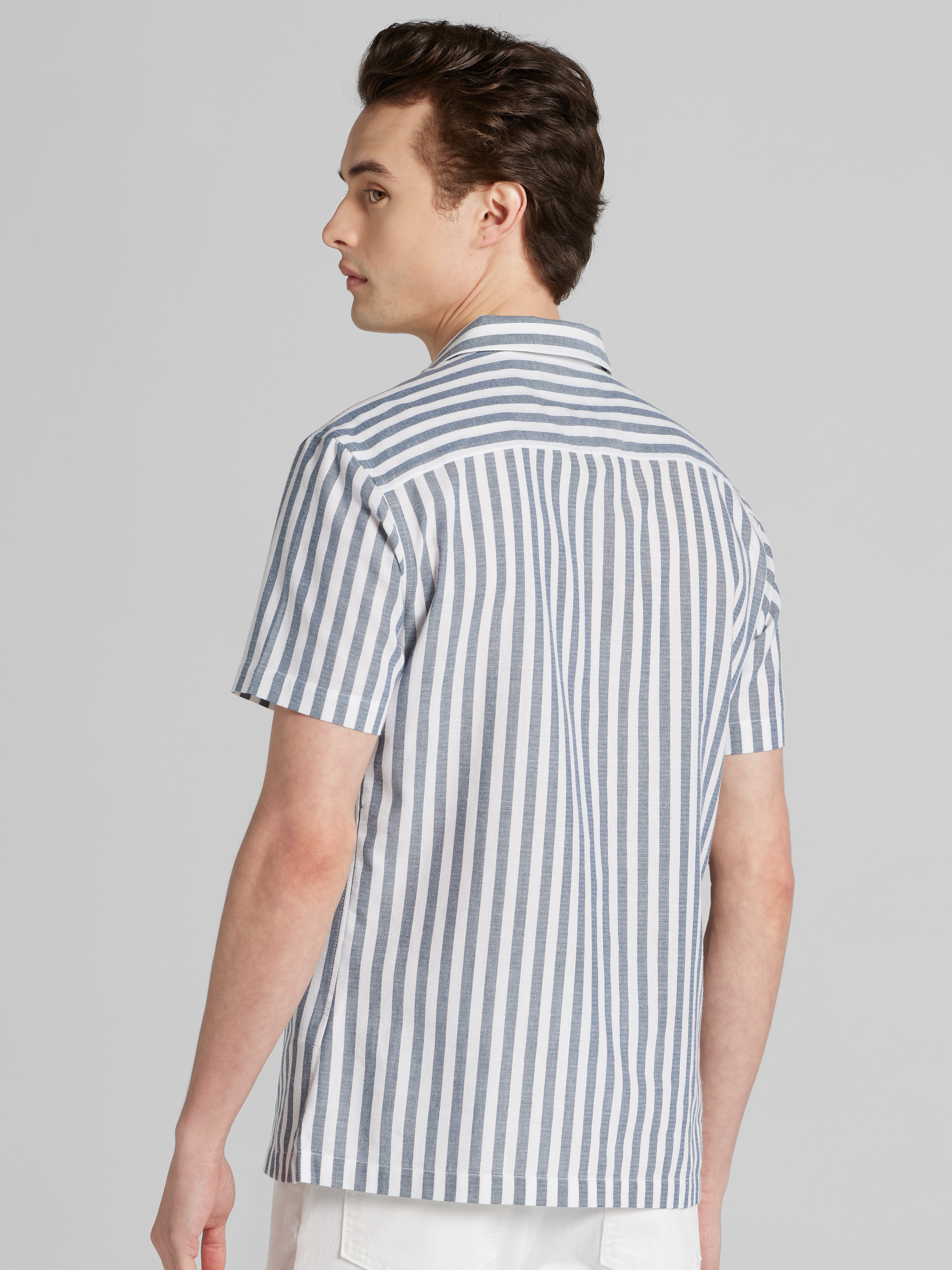 Slim Fit Herringbone Stripe Short Sleeve Camp Shirt
