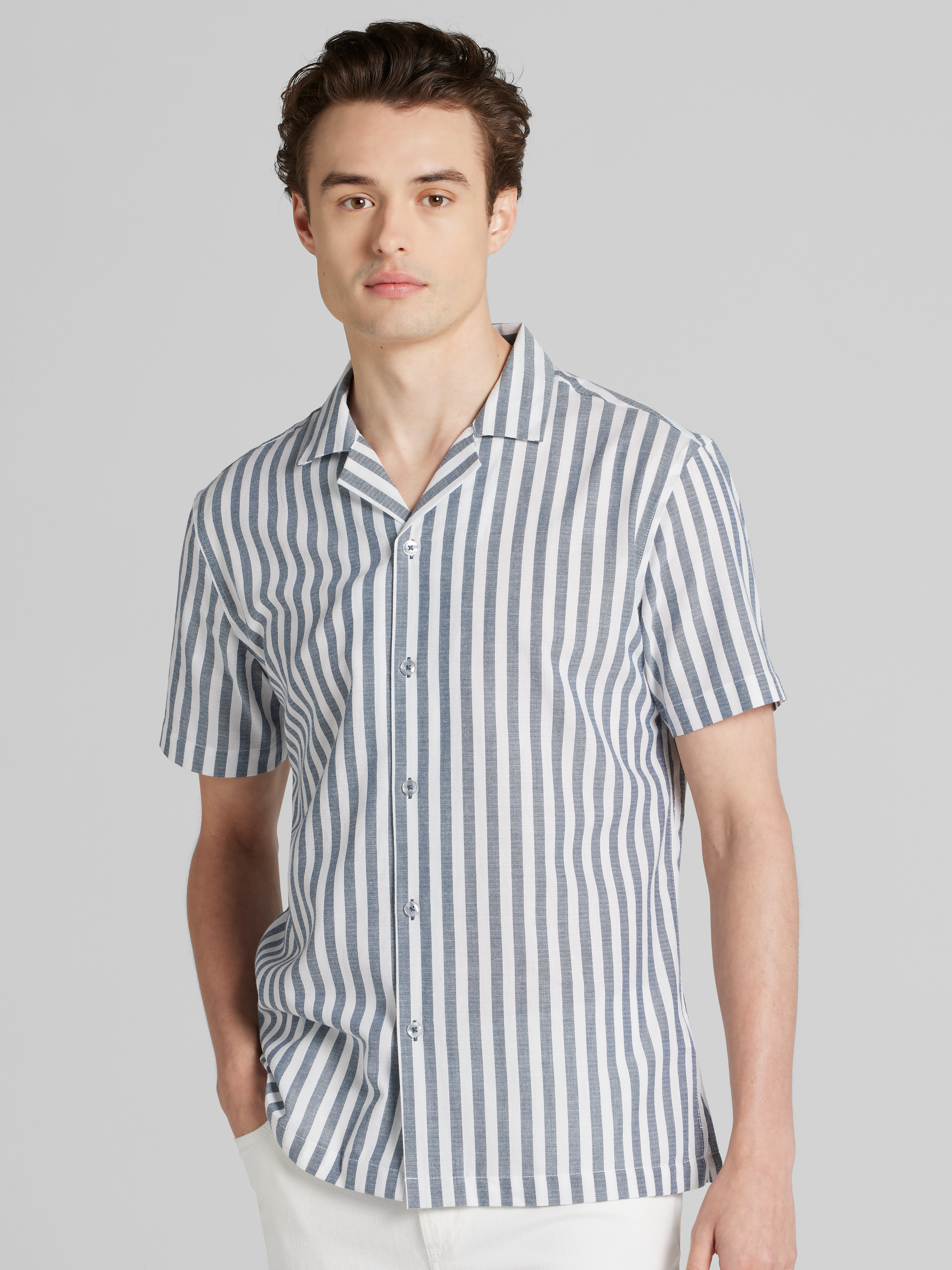 Slim Fit Herringbone Stripe Short Sleeve Camp Shirt