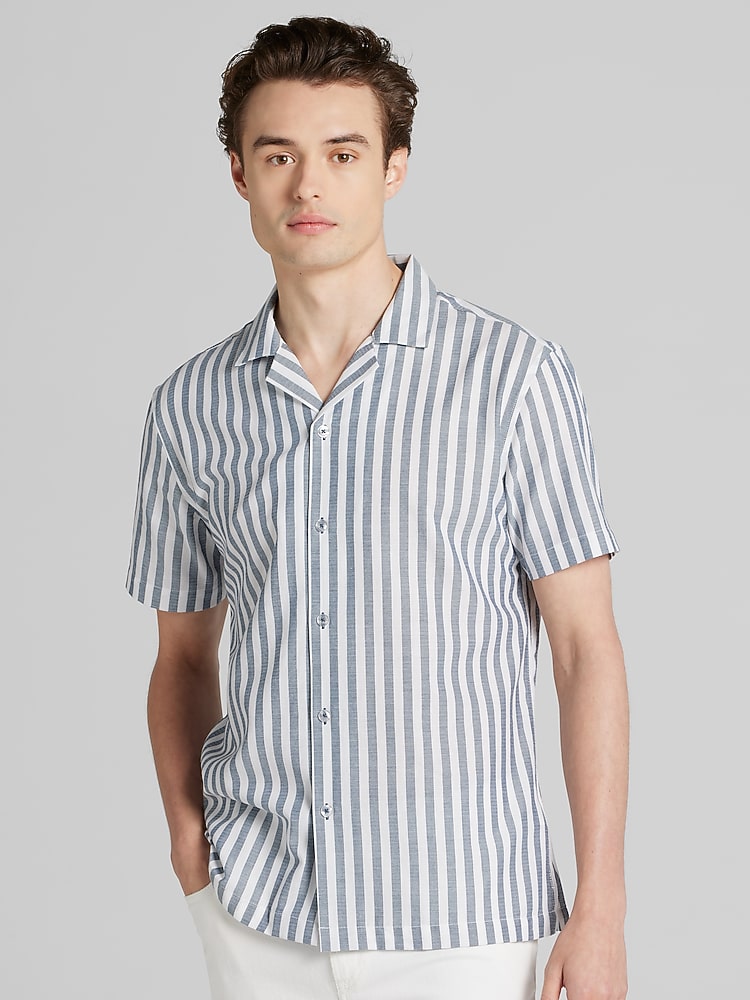 Paisley Gray Slim Fit Herringbone Stripe Short Sleeve Camp Shirt
