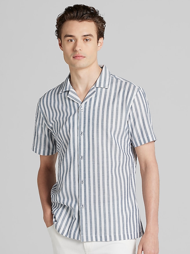 Paisley & Gray Men's Slim Fit Herringbone Stripe Short Sleeve Camp Shirt , Med Blue